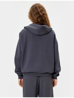 Koton Oversize Fermuarlı Sweatshirt Kapüşonlu Baskılı Cep Detaylı Şardonlu