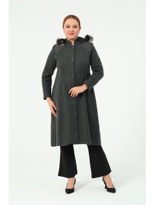 Deryanur Kadın Büyük Beden Astarlı Düğmeli Anne Kaşe Kaban