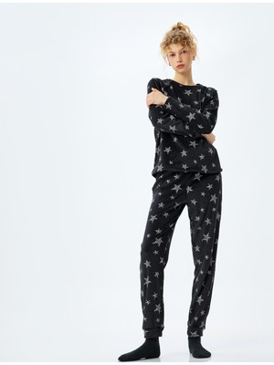 Koton Yıldız Desenli Rahat Kalıp Uzun Kollu Kadife Pijama Altı