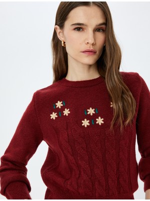 Koton Uzun Kollu Bisiklet Yaka Çiçekli Saç Örgü Dokulu Örme Kazak