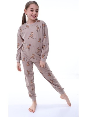 Nina Kids Pamuk Ceylan Desenli Bisiklet Yaka Kız Çocuk Pijama Takımı Kahverengi - 7-8 Yaş