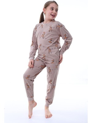 Nina Kids Pamuk Ceylan Desenli Bisiklet Yaka Kız Çocuk Pijama Takımı Kahverengi - 7-8 Yaş