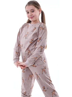 Nina Kids Pamuk Ceylan Desenli Bisiklet Yaka Kız Çocuk Pijama Takımı Kahverengi - 7-8 Yaş