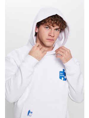 Tudors Unisex Oversize Geniş Kesim Pamuklu Yumuşak Dokulu Içi Polarlı Baskılı Beyaz Kapüşonlu Sweatshirt