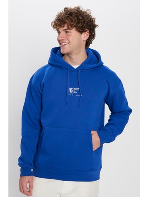 Tudors Unisex Oversize Geniş Kesim Pamuklu Yumuşak Dokulu Içi Polarlı Baskılı Saks Mavi Kapüşonlu Sweatshirt