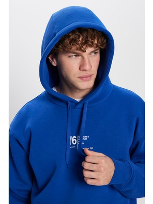 Tudors Unisex Oversize Geniş Kesim Pamuklu Yumuşak Dokulu Içi Polarlı Baskılı Saks Mavi Kapüşonlu Sweatshirt