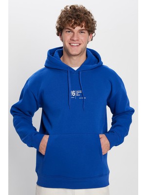 Tudors Unisex Oversize Geniş Kesim Pamuklu Yumuşak Dokulu Içi Polarlı Baskılı Saks Mavi Kapüşonlu Sweatshirt