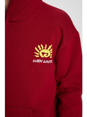 Tudors Oversize Geniş Kesim Pamuklu Yumuşak Dokulu Içi Polarlı Baskılı Bordo Kapüşonlu Sweatshirt