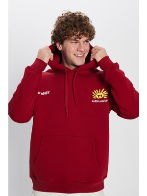 Tudors Oversize Geniş Kesim Pamuklu Yumuşak Dokulu Içi Polarlı Baskılı Bordo Kapüşonlu Sweatshirt