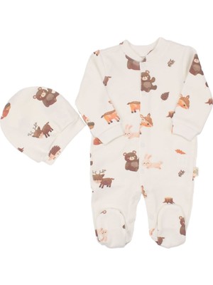 by BebekOdam Ekru Kahve Ceylanlı Desenli Uzun Kol Bereli Eldivenli Tulum - 1014868