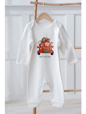 %100 Organik Pamuk Uzun Kollu Yılbaşı Temalı Bebek Tulum