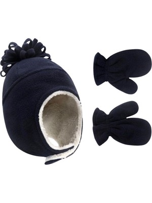 Petityu Lacivert Polar Yumuşacık Sıcacık Çocuk Bere Eldiven Set
