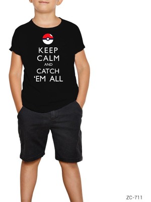 Pokemon Keep Calm Siyah Çocuk Tişört