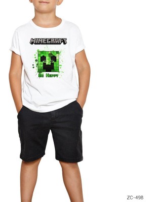 Minecraft Be Happy Beyaz Çocuk Tişört