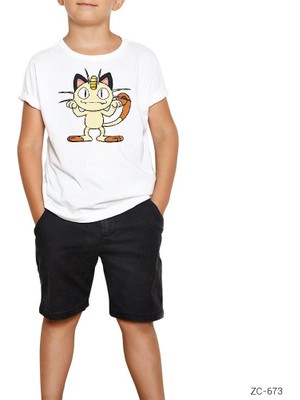 Z zepplin Pokemon Meowth Beyaz Çocuk T-Shirt