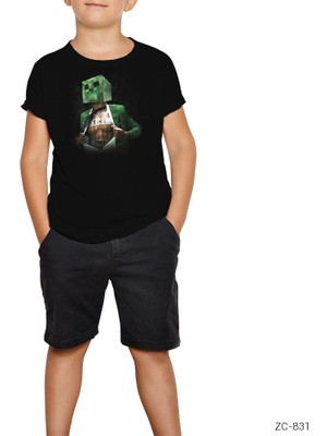 Minecraft Creeper Tnt Siyah Çocuk Tişört
