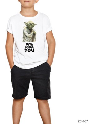 Z zepplin Star Wars Yoda May The Force Be With You Beyaz Çocuk Tişört