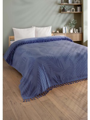 Sevim Çift Kişilik Saçaklı Havlu Yatak Örtüsü - %100 Pamuk & Yumuşak & Saçaklı Pike - 220x240 cm - İndigo