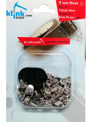 KLİNKSHOP Rivet 9 mm Gümüş Renk Kendin Yap Kiti, Çanta, Cüzdan, Kemer, Kot Pantolon, için Çekiçle Uygulama Aparatları ve 25 Adet Malzeme (Takım)-Paslanmaz Pirinç