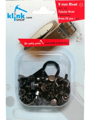 KLİNKSHOP Rivet 9 mm Antik Sarı Renk Kendin Yap Kiti, Çanta, Cüzdan, Kemer, Kot Pantolon, için Çekiçle Uygulama Aparatları ve 25 Adet Malzeme (Takım)-Paslanmaz Pirinç