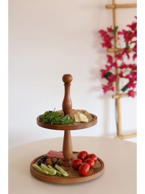 Justwood 2 Katlı 21/25 Cm Ahşap Kek Pasta Sunumluk Standı, Servis Sunum Tabağı, Çok Amaçlı Ikramlık