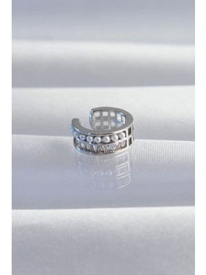 Çarşı Point Pirinç Gümüş Renk İncili Baget Taşlı Earcuff Küpe