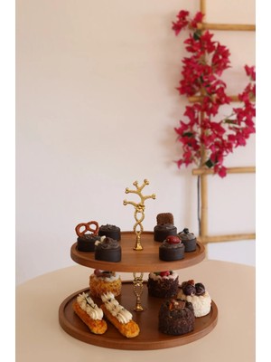 Justwood 2 Katlı 25/30 Cm Gold Çiçekli Ahşap Kek Sunum Standı, Servis Sunum Tabağı, Ikramlık