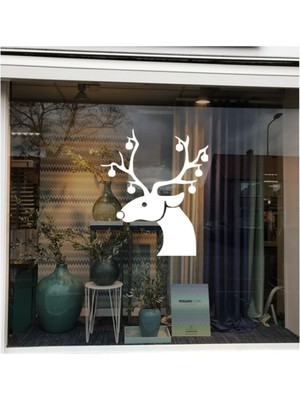Tekno Trust Beyaz Yılbaşı Süslemeleri Boynuzlu Geyik Başı Süslemesi Vitrin Stickeri 84X100CM