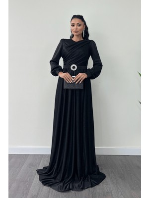 Simli Tül Kumaş Büzgü Detaylı Abiye Elbise - Siyah