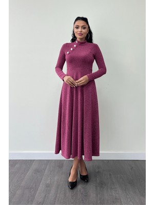 Pırıltılı Krep Kumaş Düğme Detaylı Midi Elbise - Gül Kurusu