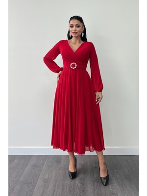 Şifon Kumaş Kemer Detaylı Midi Elbise - Kırmızı