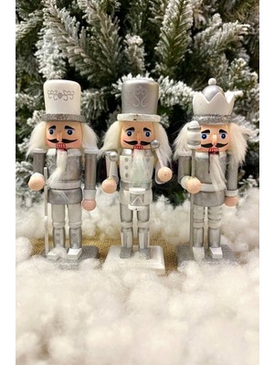 Tekno Trust Gümüş Fındıkkıran 3'lü Set 15 cm Mızrak Davul Tüfekli Kurşun Asker Nutcracker Yılbaşı Yeni Yıl Deko