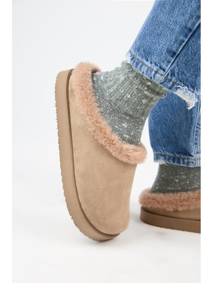 Manijero (Jana Kürklü) Kadın  Düz Platform Vizon Terlik