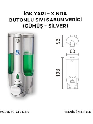 Xinda Igk Yapı –Tekli Butonlu Silver Sıvı Sabun Dispanseri (ZYQ138-G)