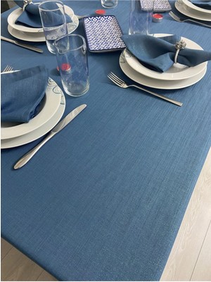 Zeren Home Polyester Keten Simli Oval Masa Örtüsü + 12 Ad Peçete