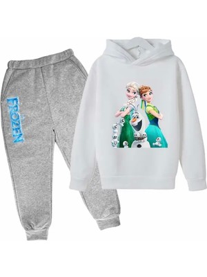 Kids Face Özel Tasarım Kapüşonlu Elsa ve Arkadaşları Baskılı Şardonlu Kışlık Kız Çocuk Eşofman Takımı