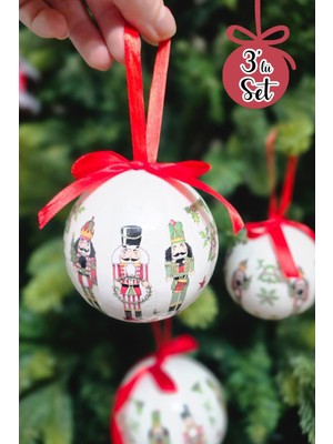 Tekno Trust 8cm Yılbaşı Ağacı Süsü Toplar 3lü Kurşun Asker Fındıkkıran Baskılı Lüks Kırmızı Fiyonklu Ağaç Süsle