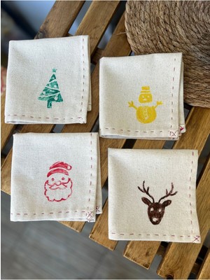 Tekno Trust Yılbaşı Temalı Peçete, Ham Keten Kumaş Amerikan Servis Christmas Süs (Dörtlü Set) El Baskısı 30X30C