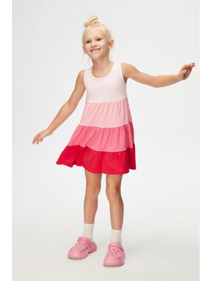Lovetti Uçuk Pembe-Fuşya Kat Kat Renkli Kız Çocuk Büzgülü Askılı Elbise