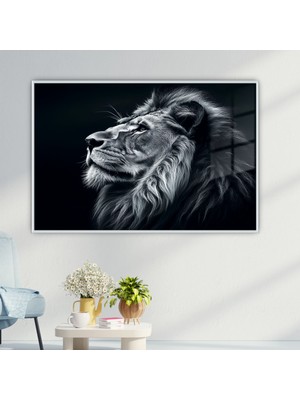 Gaagart Metal Çerçeveli Yatay Cam  Siyah Beyaz Yan Portre Aslan