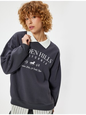 Koton Polo Yaka Sweatshirt Oversize Kolej Baskılı Uzun Kollu