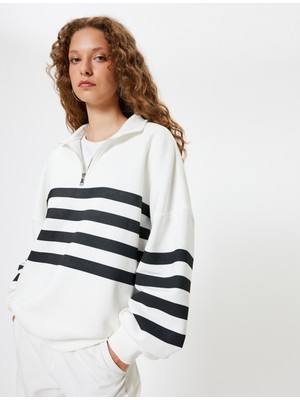 Koton Oversize Sweatshirt Yarım Fermuarlı Şerit Detaylı Uzun Kollu Şardonlu