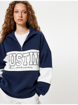 Koton Oversize Sweatshirt Yarım Fermuarlı Kolej Baskılı Renk Bloklu Uzun Kollu Şardonlu