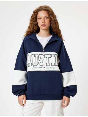 Koton Oversize Sweatshirt Yarım Fermuarlı Kolej Baskılı Renk Bloklu Uzun Kollu Şardonlu