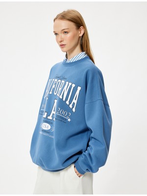 Koton Oversize Sweatshirt Kolej Baskılı Uzun Kollu Bisiklet Yaka Şardonlu