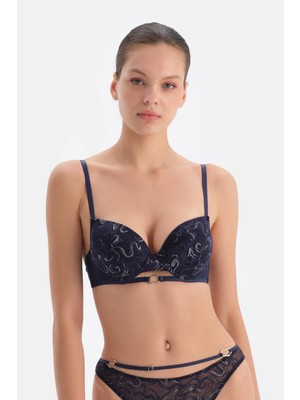 Lacivert Aksesuar Detaylı Dolgusuz Dantelli Sütyen