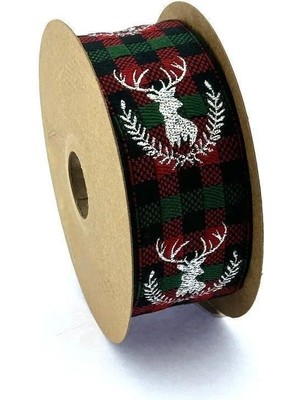 Tekno Trust Yılbaşı Yeni Yıl Ekoseli Gümüş Geyik Desenli Kurdele 3,5 CMX10 Metre