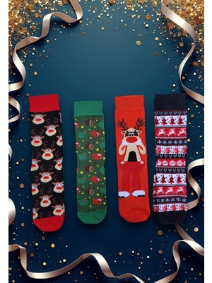 4'lü Yılbaşı Çorabı Noel Christmas Temalı Unisex Soket Çorap Karışık Kadın ve Erkek Hediye Kutulu 110