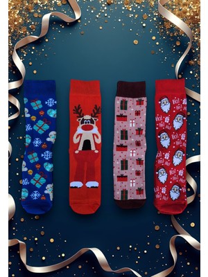 4'lü Yılbaşı Çorabı Noel Christmas Temalı Unisex Soket Çorap Karışık Kadın ve Erkek Hediye Kutulu 112