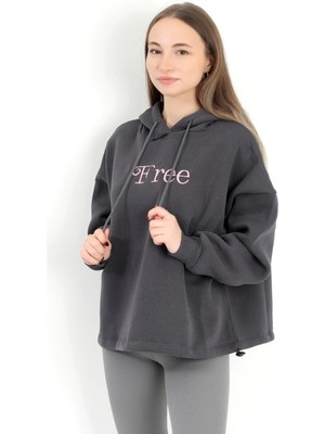 Kadın Füme Free Nakışlı Stoperli 3 Iplik Kapüşonlu Sweatshirt Hoodie - 5082